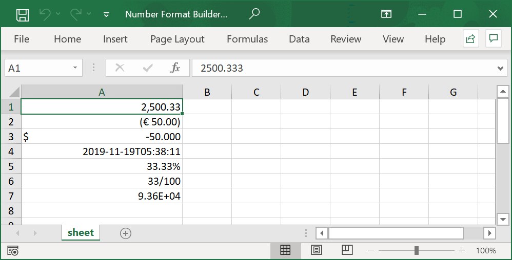 Number formats created with helper class called Number Format Builder