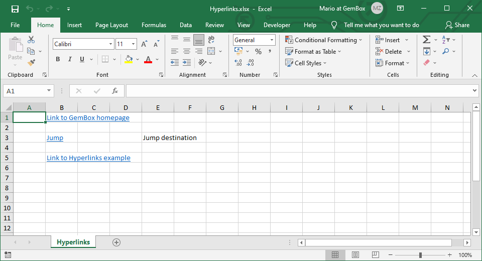 Adding Excel cell hyperlinks with a destination cell or URL