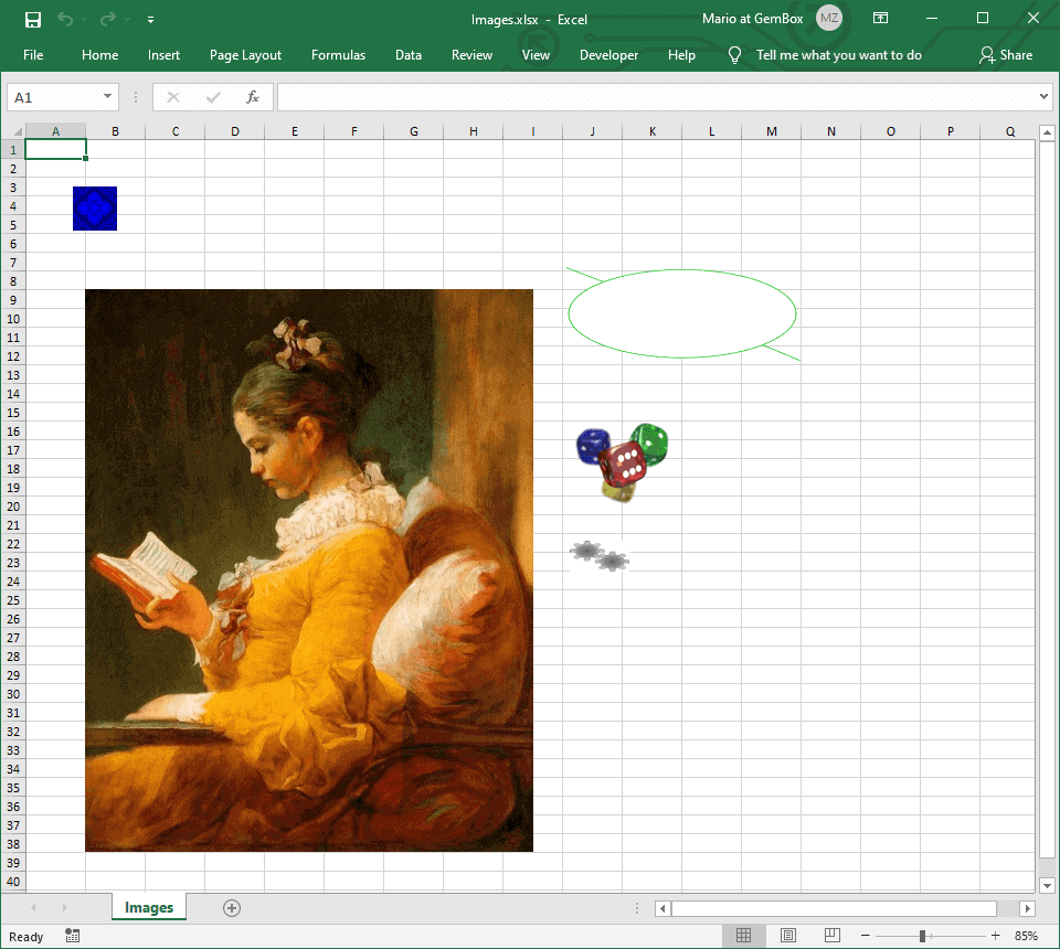 Screenshot of Excel sheet with images Adding images of various formats and positions to an Excel worksheet from C# and VB.NET