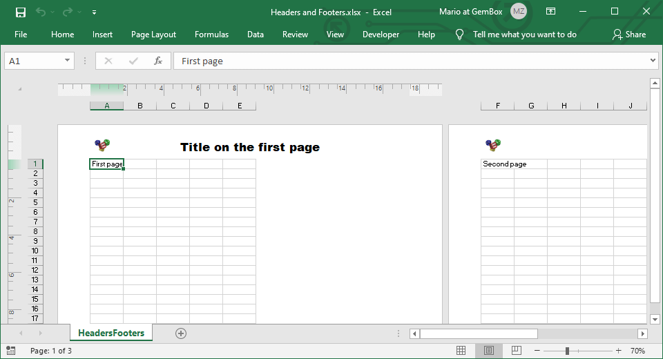 Adding headers and footers on first and default pages of Excel worksheet from C# and VB.NET