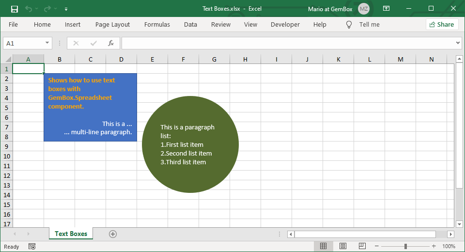 Excel workbook with TextBox elements