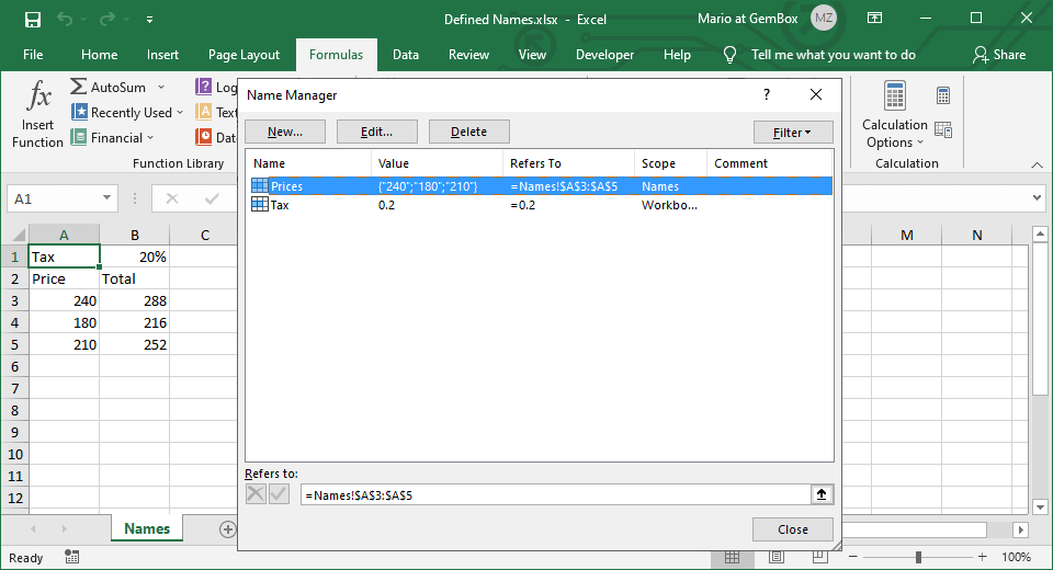 Screenshot of defined names or named ranges Adding and retrieving defined names or named ranges in Excel file from C# and VB.NET