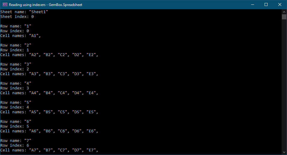 Reading names of Excel objects (sheets, rows, and cells) with index in C# and VB.NET