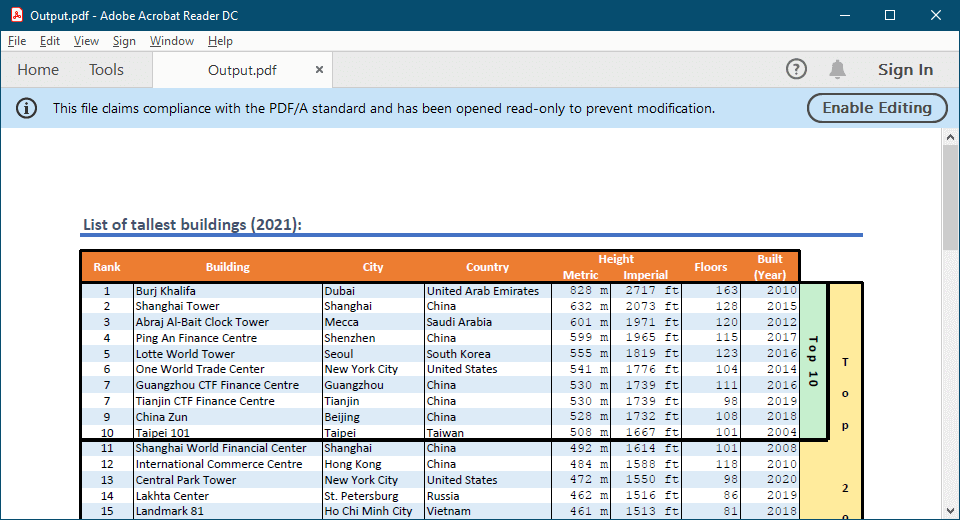 Converted Excel workbook to PDF/A format in C# and VB.NET