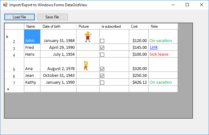 Screenshot of a Windows Forms application with imported Excel data Windows Forms application that imports data from Excel file with GemBox.Spreadsheet