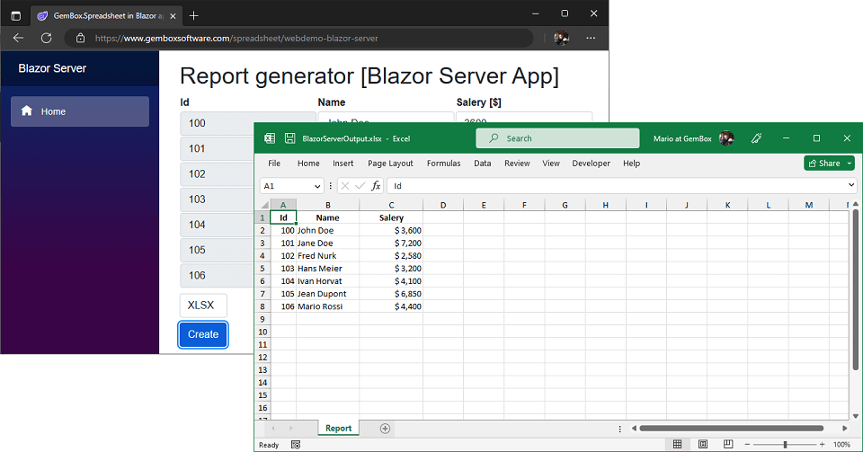 Exporting tabular data and generating XLSX file in Blazor Server app