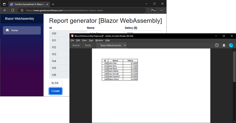 Exporting tabular data and generating PDF report in Blazor WebAssembly app