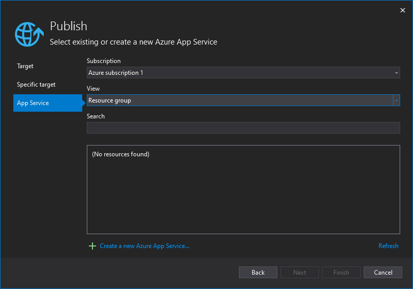 Screenshot of Visual Studio specific App Service selection