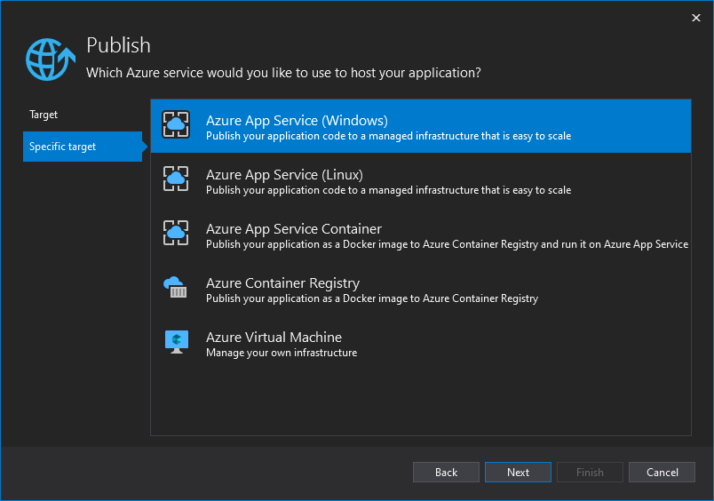 Screenshot of Visual Studio specific target selection