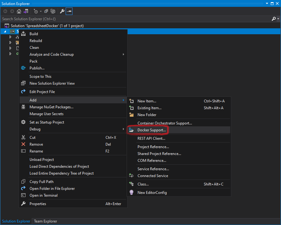 Visual Studio container tool for adding Docker to existing .NET Core project