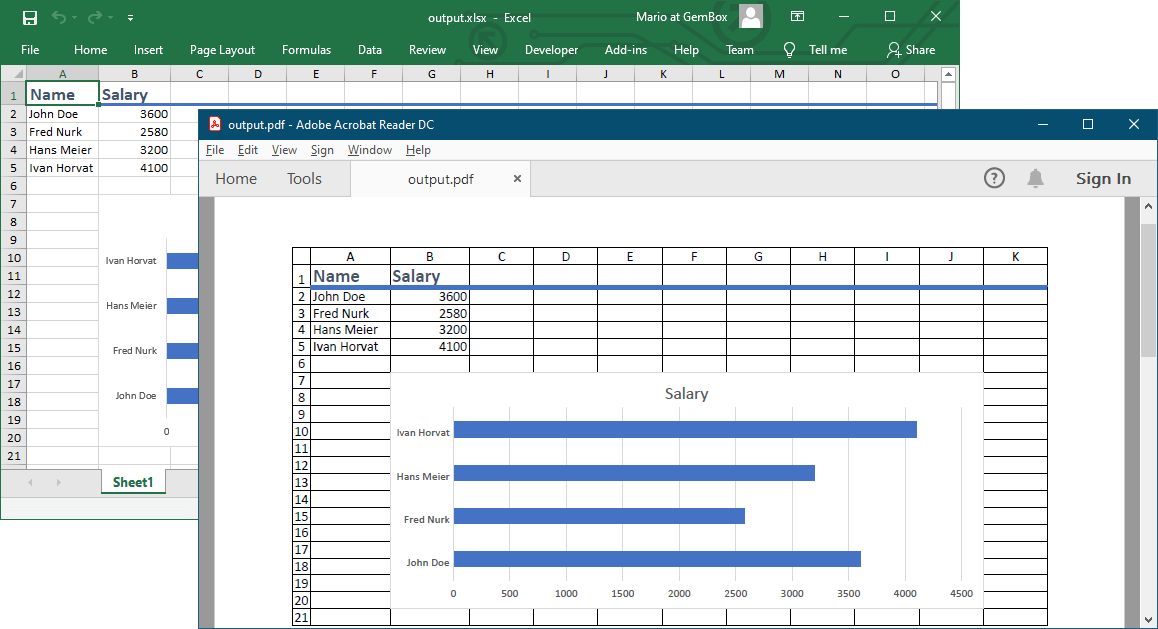 Generated Excel spreadsheet (XLSX format) and PDF file from Docker container