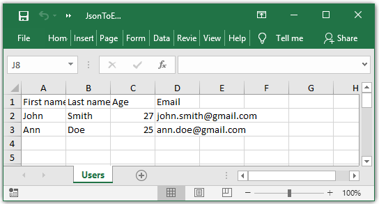 Screenshot of Excel file created by importing JSON data
