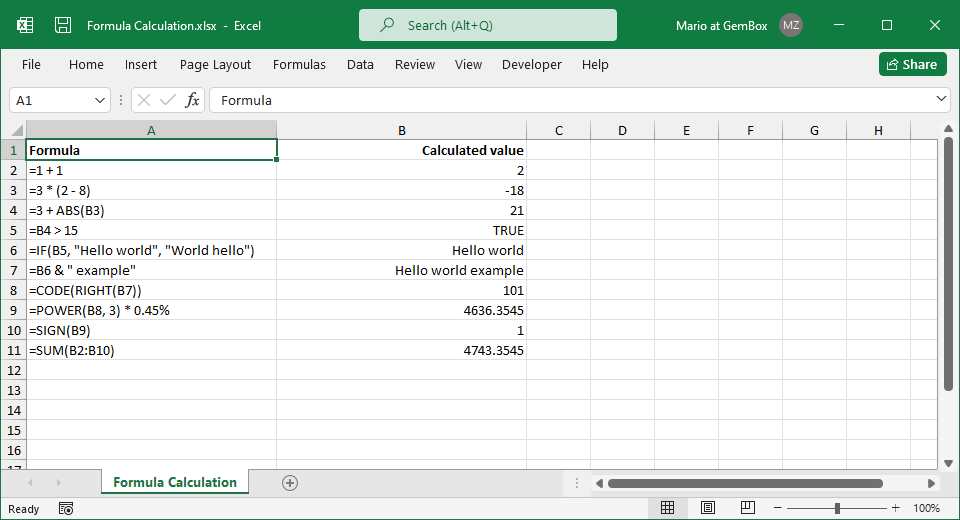 Excel cells with resulting values from recalculated formulas