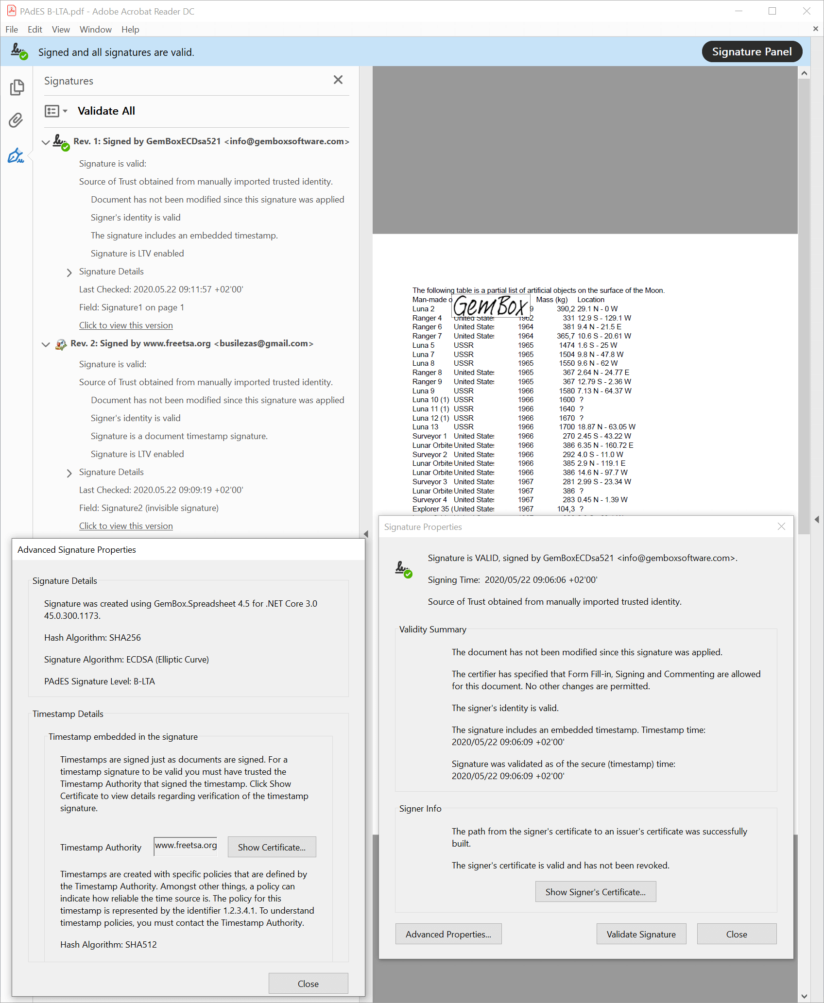 PDF file with PAdES B-LTA level signature created with GemBox.Spreadsheet and GemBox.Pdf