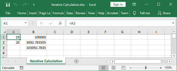 Screenshot of Excel formula with circular reference calculated with GemBox.Spreadsheet Excel formula with circular reference calculated with GemBox.Spreadsheet