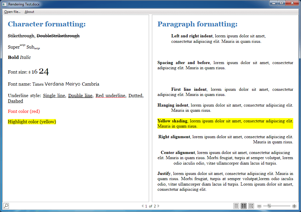 DocxReader demo WPF application